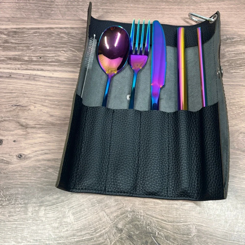 Rainbow Stainless Travel Cutlery Set Iridescent 7pc Kit with Black Case